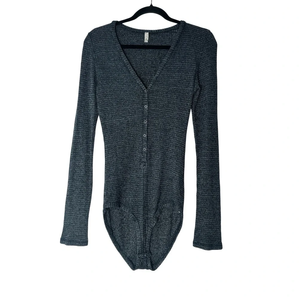 Free People Bodysuit Women Medium Black‎ Keep Your Cool Thermal Knit Long Sleeve